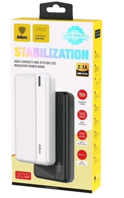 Nom de marque: inkax Capacité de la batterie: 10000 mAh  Capacité disponible: 9000mAh  Input1: DC 5V 2.1A (micro)  Input2: DC 5V 2.1A (Type-C)  Output1: DC 5V 2.1A(USB-A)  Output2: DC 5V 2.1A(USB-A)  