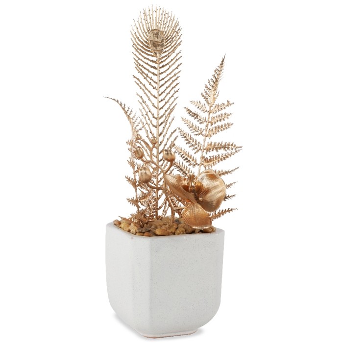 Plante Décorative Dorée Avec Pot En Céramique Moucheté 42 X 13.5 Cm